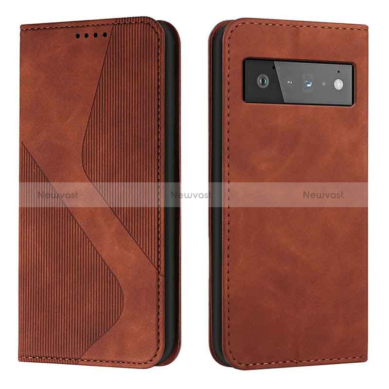 Leather Case Stands Flip Cover Holder H03X for Google Pixel 6 5G Brown