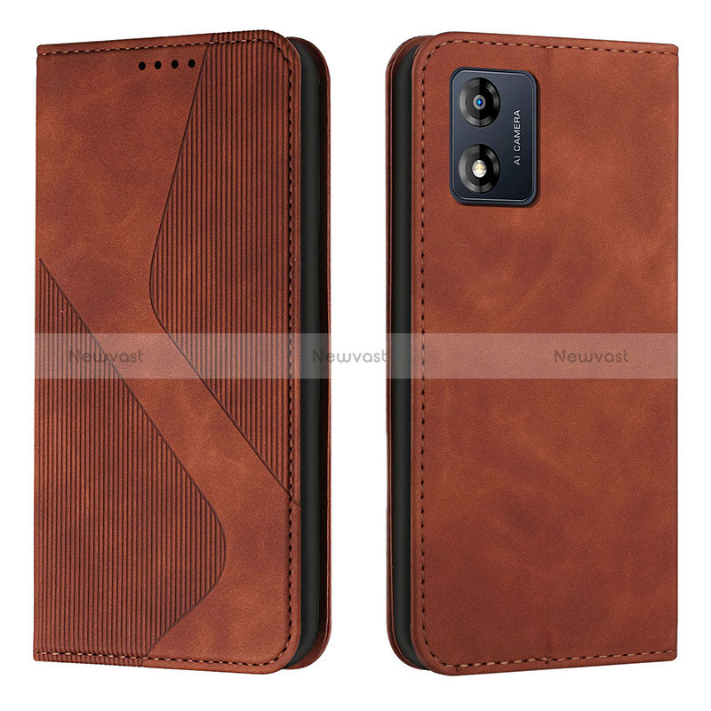 Leather Case Stands Flip Cover Holder H03X for Motorola Moto E13 Brown