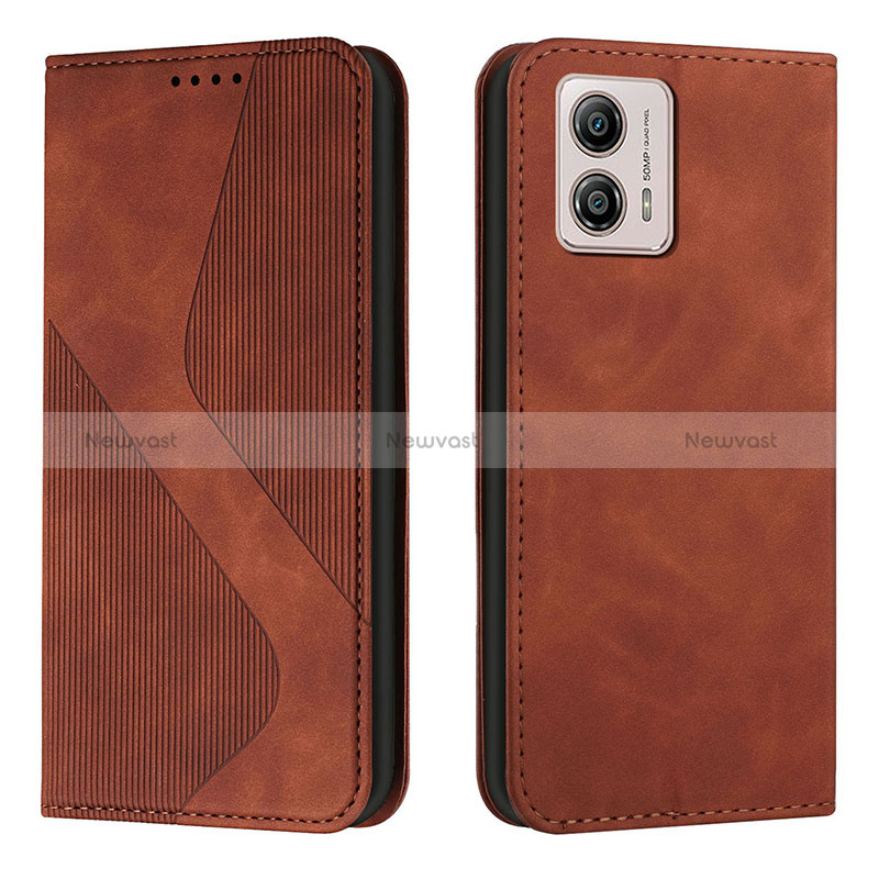 Leather Case Stands Flip Cover Holder H03X for Motorola Moto G53 5G Brown