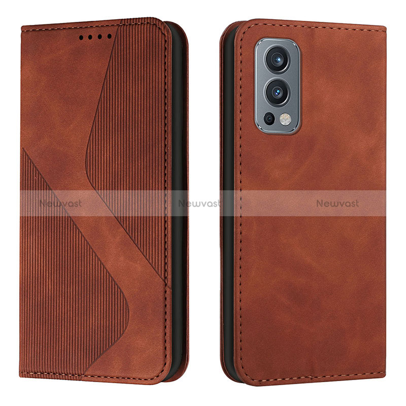 Leather Case Stands Flip Cover Holder H03X for OnePlus Nord 2 5G Brown