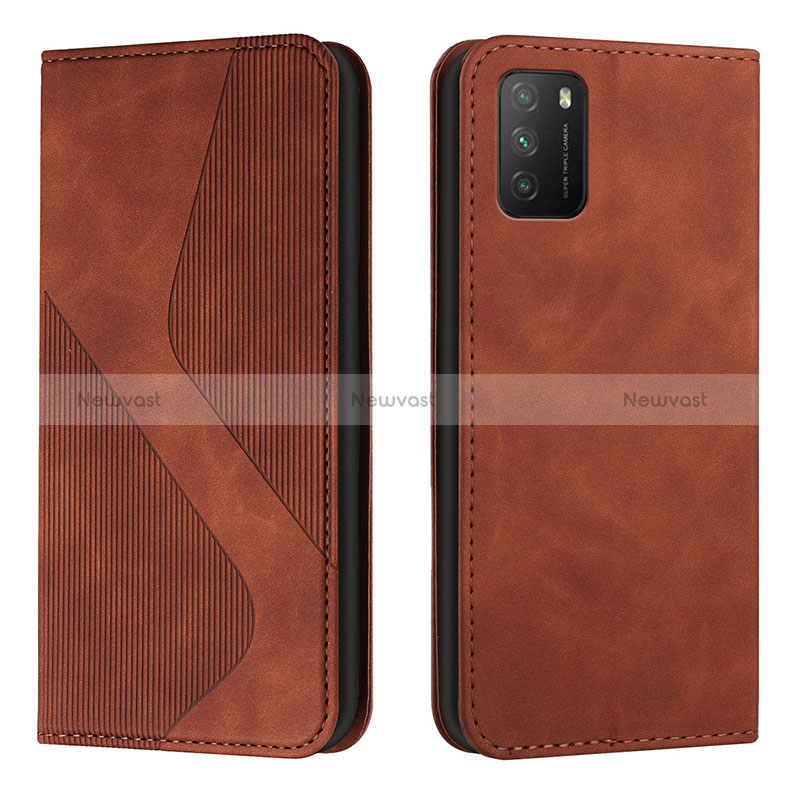 Leather Case Stands Flip Cover Holder H03X for Xiaomi Poco M3 Brown