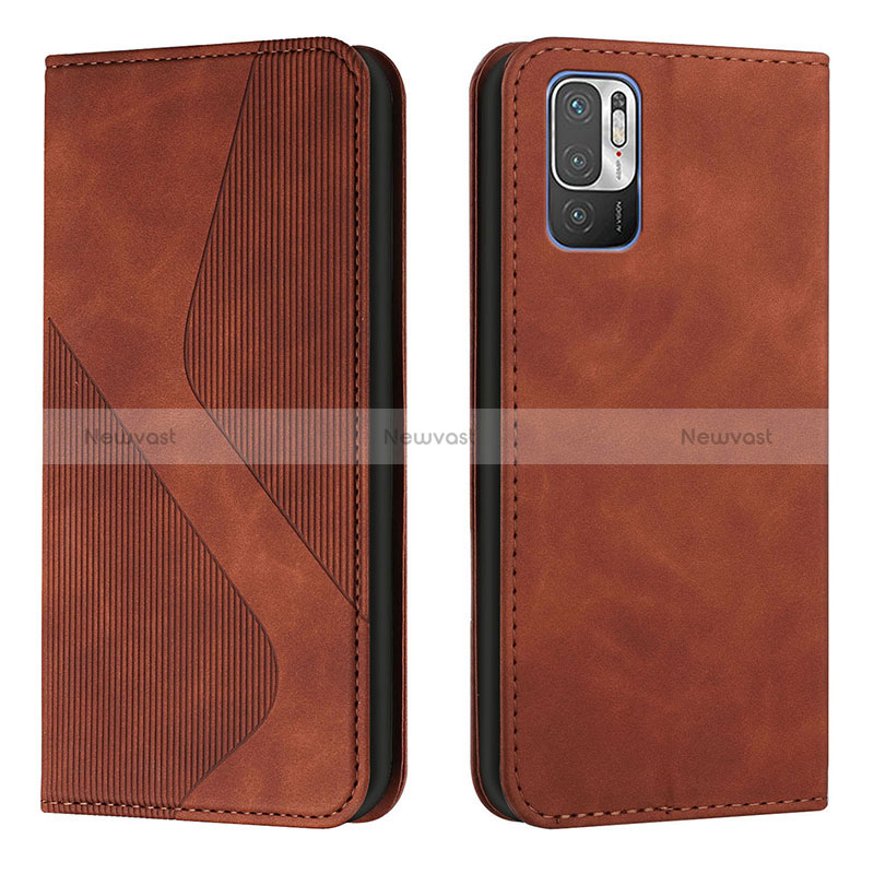 Leather Case Stands Flip Cover Holder H03X for Xiaomi POCO M3 Pro 5G Brown