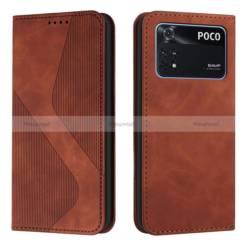 Leather Case Stands Flip Cover Holder H03X for Xiaomi Poco M4 Pro 4G Brown