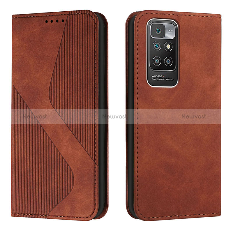 Leather Case Stands Flip Cover Holder H03X for Xiaomi Redmi 10 4G Brown