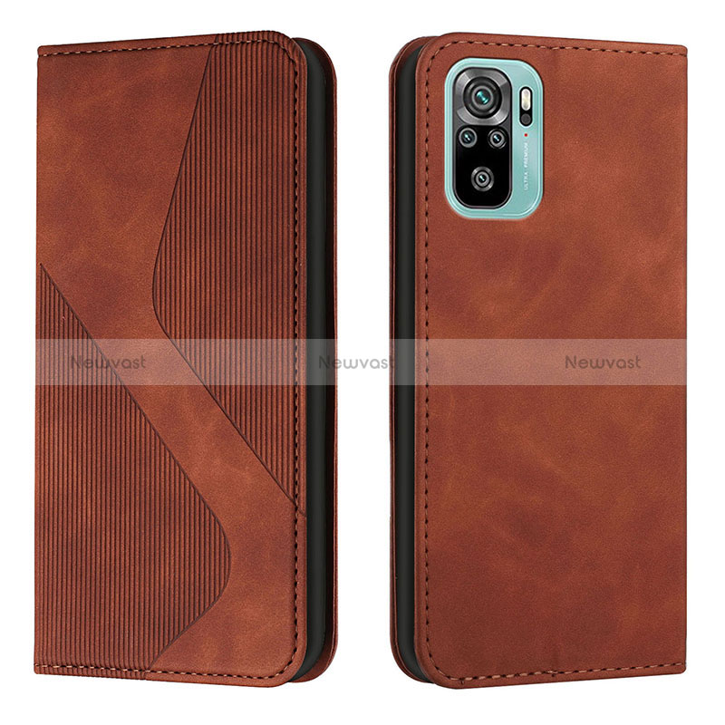 Leather Case Stands Flip Cover Holder H03X for Xiaomi Redmi Note 10 4G Brown