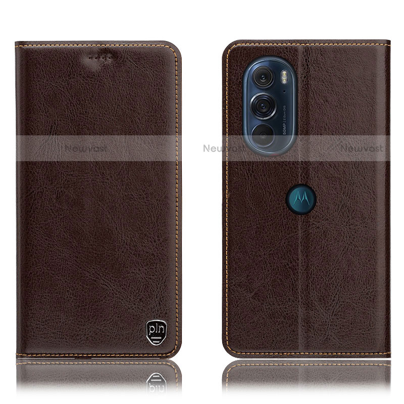 Leather Case Stands Flip Cover Holder H04P for Motorola Moto Edge 30 Pro 5G Brown