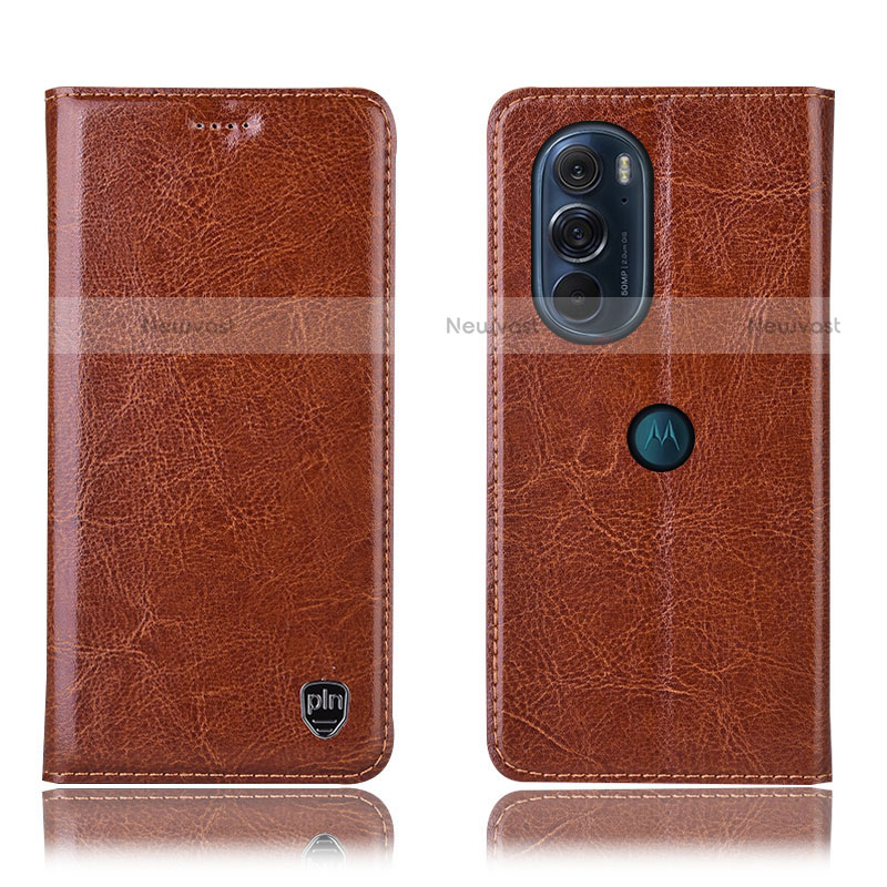 Leather Case Stands Flip Cover Holder H04P for Motorola Moto Edge Plus (2022) 5G Light Brown