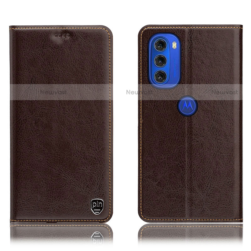 Leather Case Stands Flip Cover Holder H04P for Motorola Moto G51 5G Brown