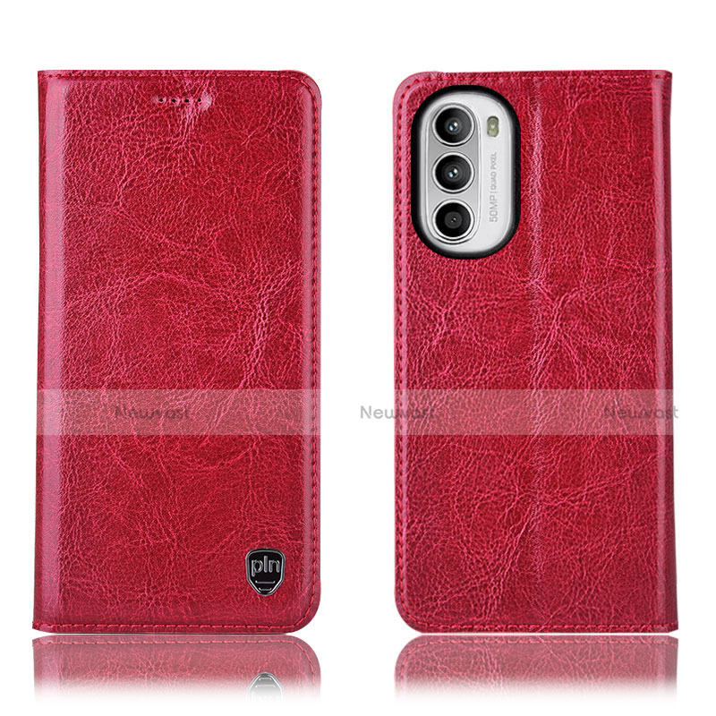 Leather Case Stands Flip Cover Holder H04P for Motorola Moto G71s 5G Red