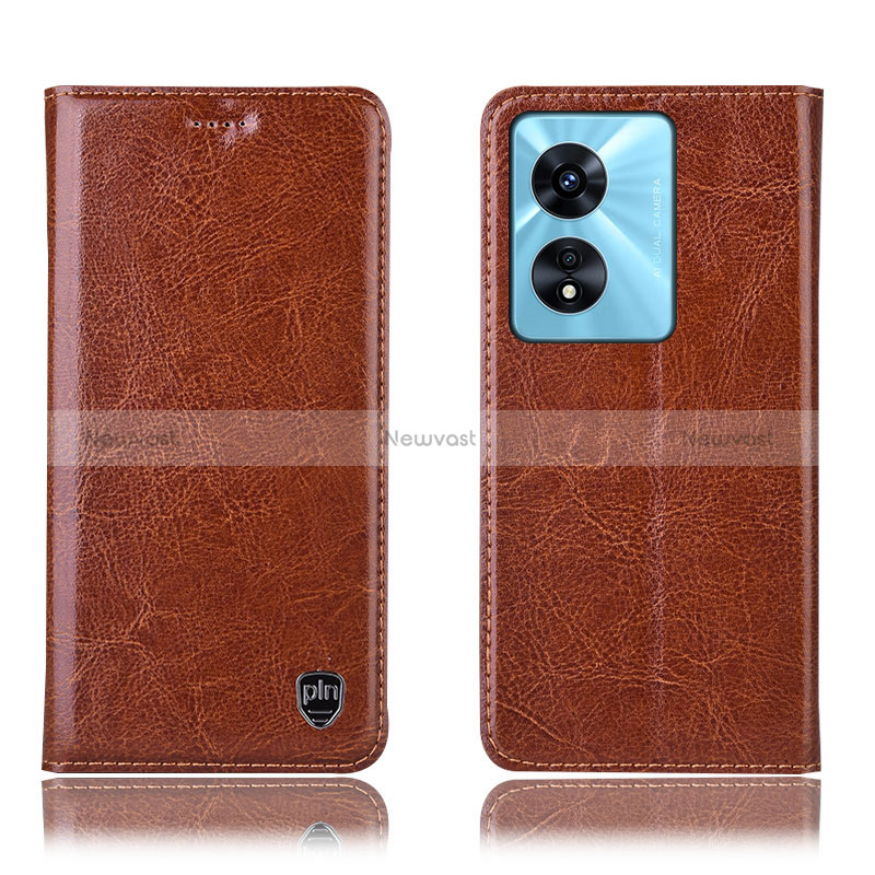 Leather Case Stands Flip Cover Holder H04P for Oppo A18 Light Brown