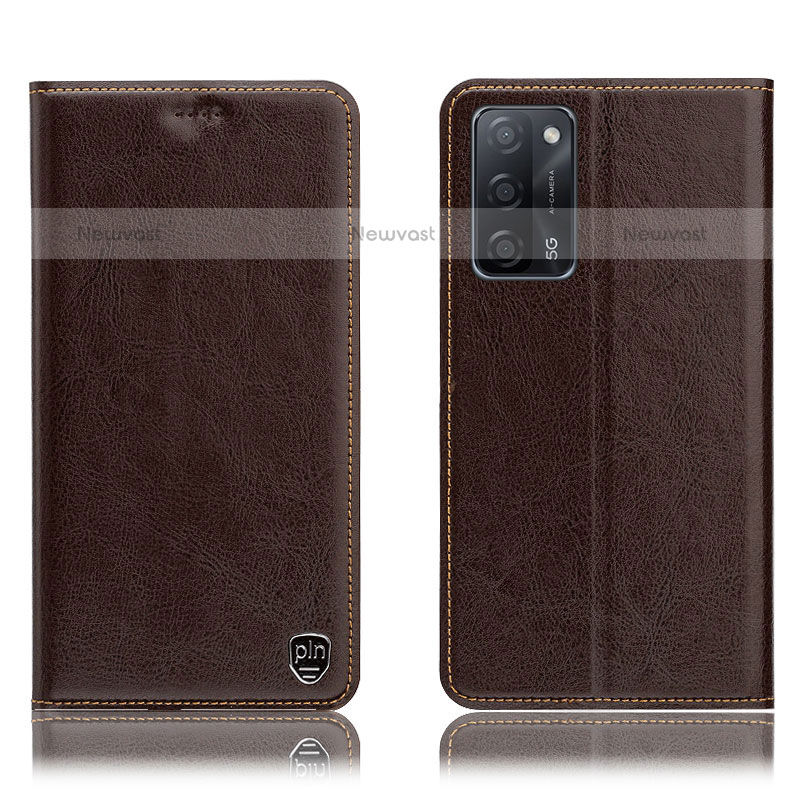 Leather Case Stands Flip Cover Holder H04P for Oppo A55 5G Brown