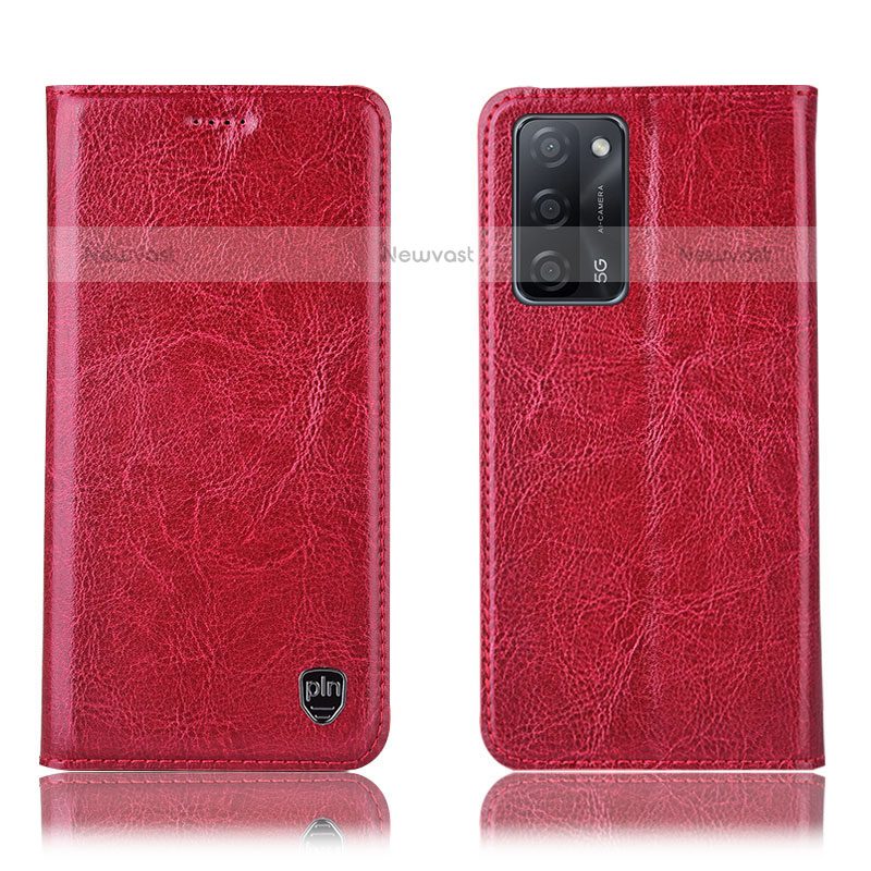 Leather Case Stands Flip Cover Holder H04P for Oppo A55 5G Red