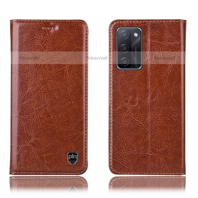 Leather Case Stands Flip Cover Holder H04P for Oppo A55S 5G Light Brown