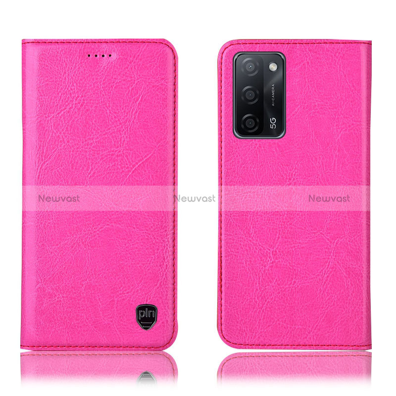 Leather Case Stands Flip Cover Holder H04P for Oppo A56 5G Hot Pink