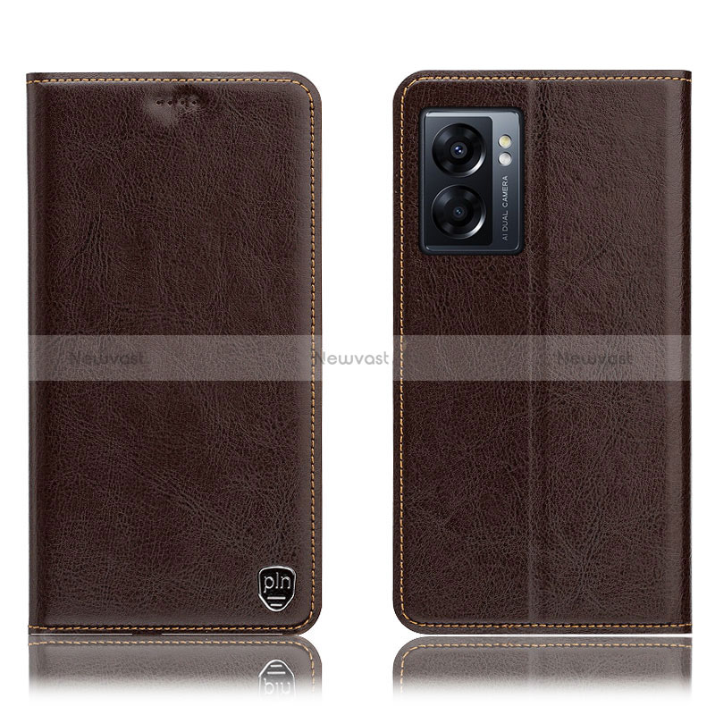 Leather Case Stands Flip Cover Holder H04P for Oppo A57 5G Brown