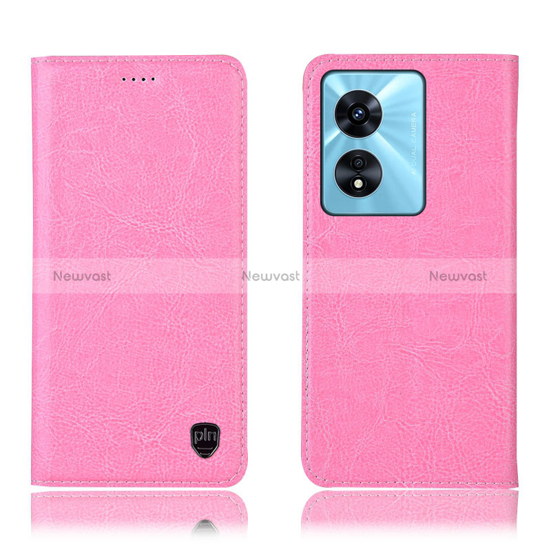 Leather Case Stands Flip Cover Holder H04P for Oppo A58 4G Pink