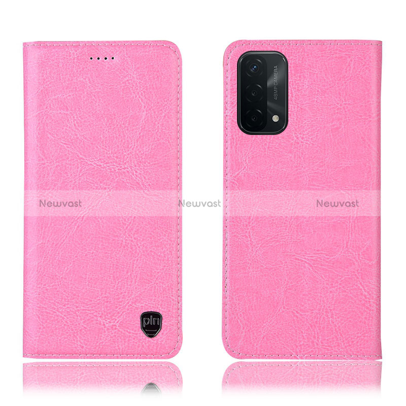 Leather Case Stands Flip Cover Holder H04P for Oppo A74 5G Pink