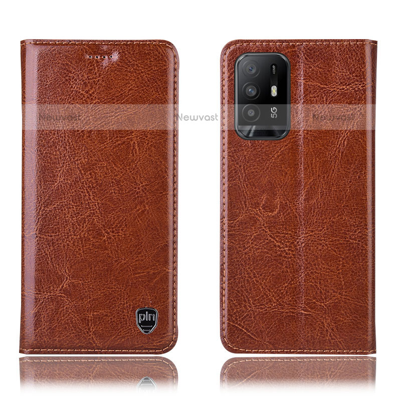 Leather Case Stands Flip Cover Holder H04P for Oppo A95 5G Light Brown