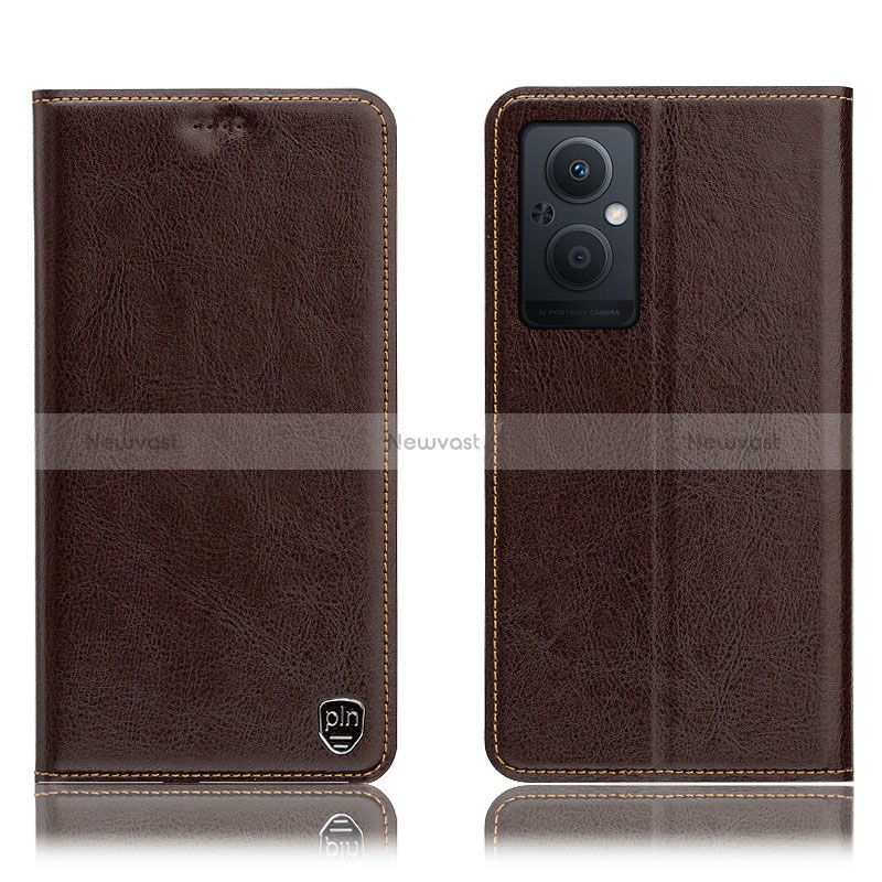 Leather Case Stands Flip Cover Holder H04P for Oppo A96 5G Brown