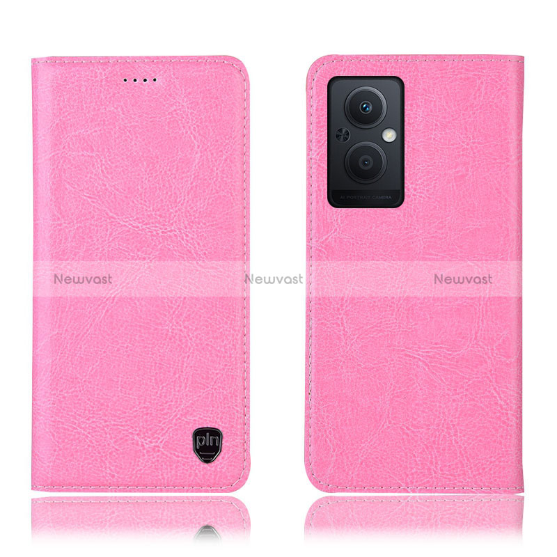 Leather Case Stands Flip Cover Holder H04P for Oppo A96 5G Pink