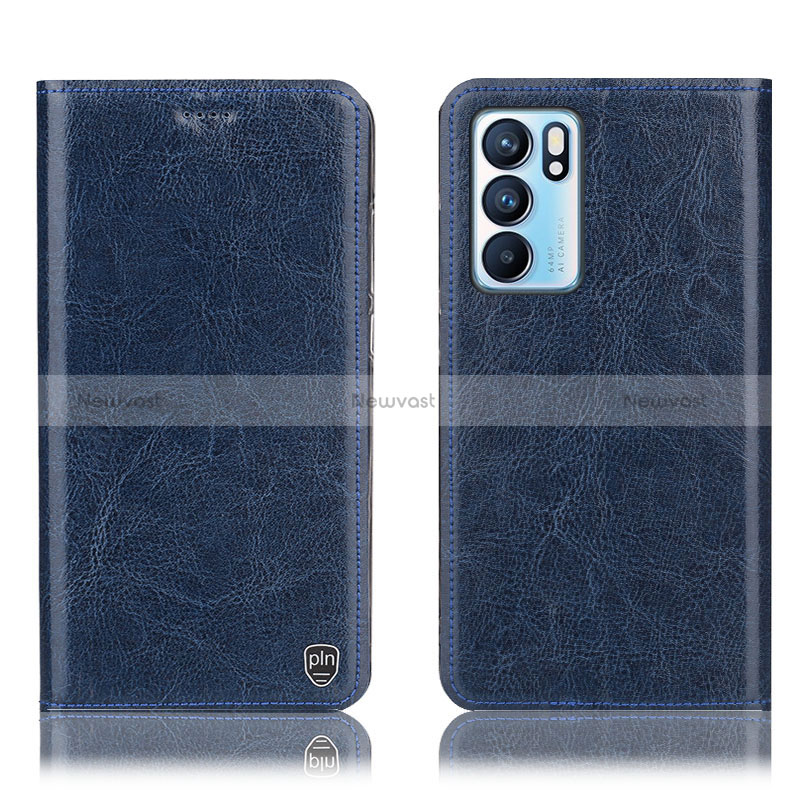 Leather Case Stands Flip Cover Holder H04P for Oppo Reno6 5G Blue