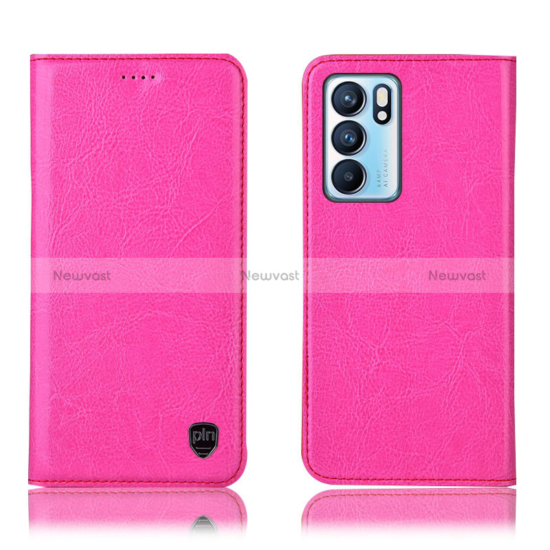 Leather Case Stands Flip Cover Holder H04P for Oppo Reno6 5G Hot Pink