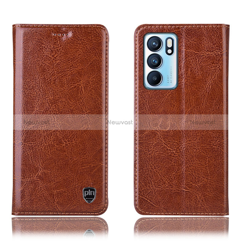 Leather Case Stands Flip Cover Holder H04P for Oppo Reno6 5G Light Brown