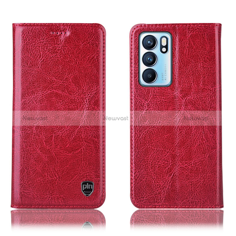 Leather Case Stands Flip Cover Holder H04P for Oppo Reno6 5G Red