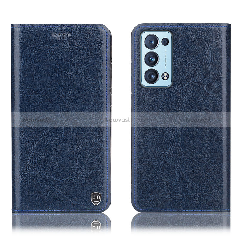 Leather Case Stands Flip Cover Holder H04P for Oppo Reno6 Pro+ Plus 5G Blue