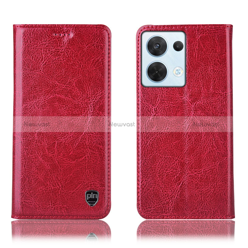 Leather Case Stands Flip Cover Holder H04P for Oppo Reno8 5G Red