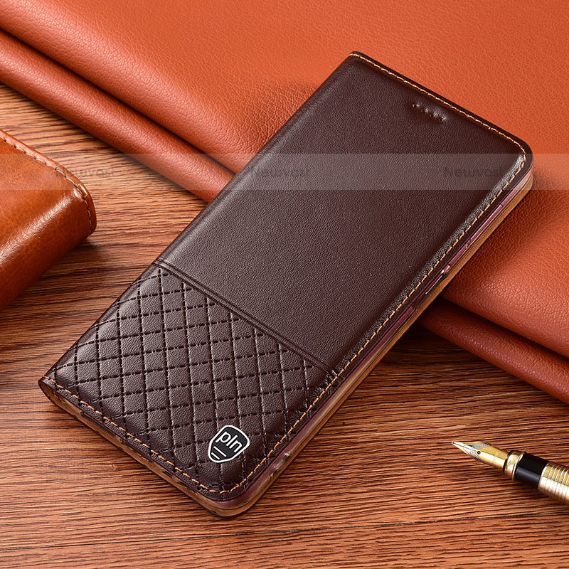 Leather Case Stands Flip Cover Holder H04P for Samsung Galaxy S21 Ultra 5G Brown