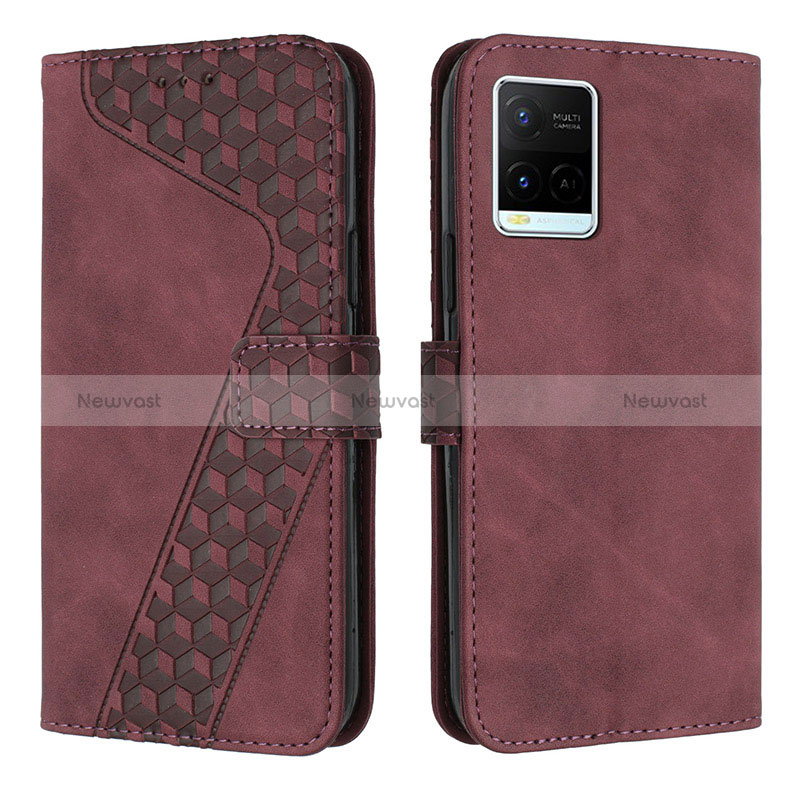 Leather Case Stands Flip Cover Holder H04X for Vivo Y21 Red Wine