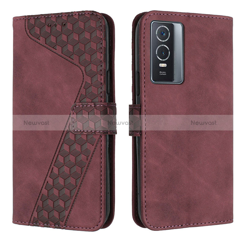 Leather Case Stands Flip Cover Holder H04X for Vivo Y76s 5G Red Wine