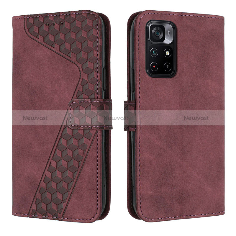 Leather Case Stands Flip Cover Holder H04X for Xiaomi Poco M4 Pro 5G Red Wine