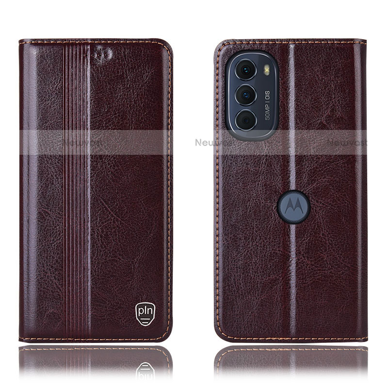 Leather Case Stands Flip Cover Holder H05P for Motorola Moto Edge (2022) 5G Brown