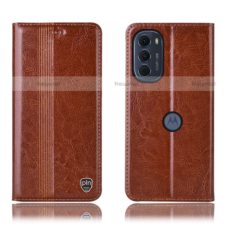 Leather Case Stands Flip Cover Holder H05P for Motorola Moto Edge (2022) 5G Light Brown