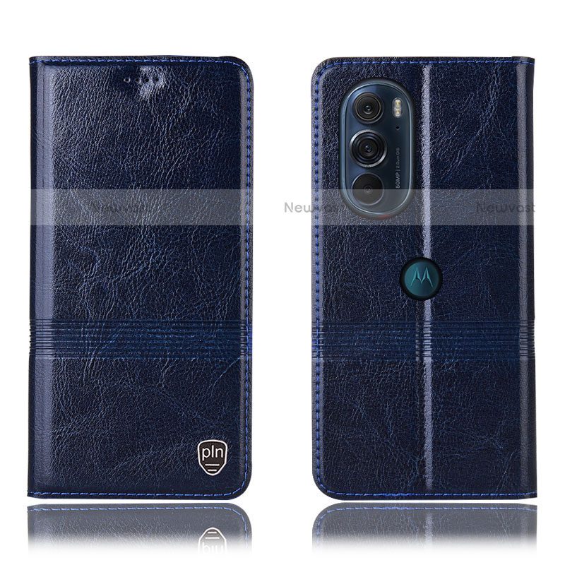 Leather Case Stands Flip Cover Holder H05P for Motorola Moto Edge Plus (2022) 5G Blue