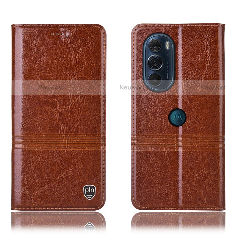 Leather Case Stands Flip Cover Holder H05P for Motorola Moto Edge X30 5G Light Brown