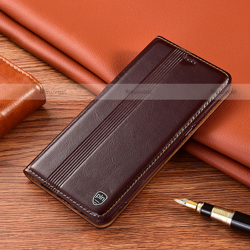 Leather Case Stands Flip Cover Holder H05P for Motorola Moto G Play (2023) Brown