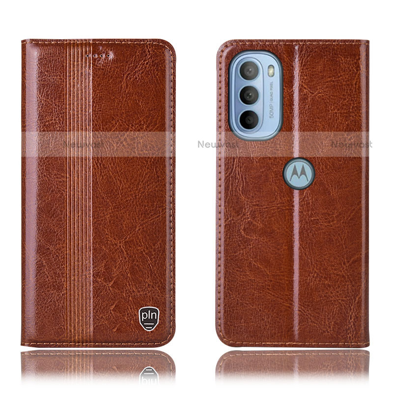 Leather Case Stands Flip Cover Holder H05P for Motorola Moto G31 Light Brown