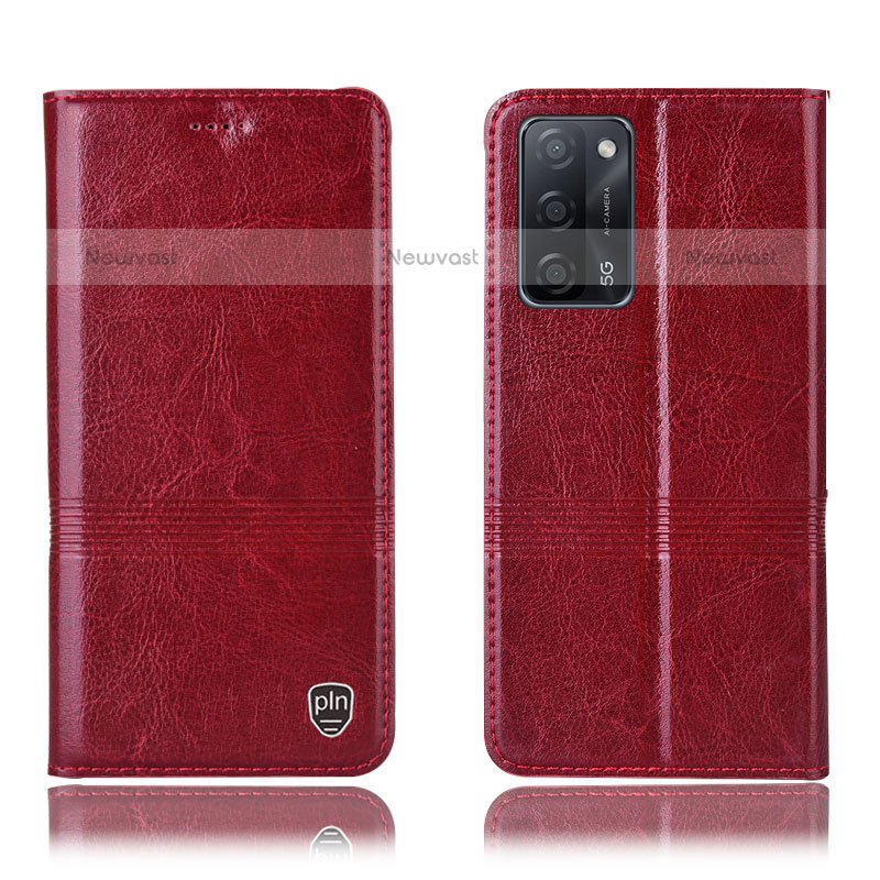 Leather Case Stands Flip Cover Holder H05P for Oppo A55 5G Red