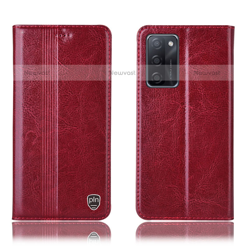 Leather Case Stands Flip Cover Holder H05P for Oppo A55S 5G Red