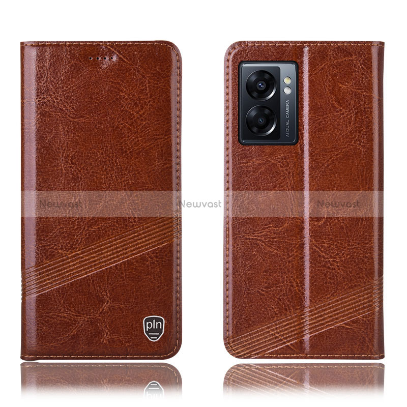 Leather Case Stands Flip Cover Holder H05P for Oppo A77 5G Light Brown