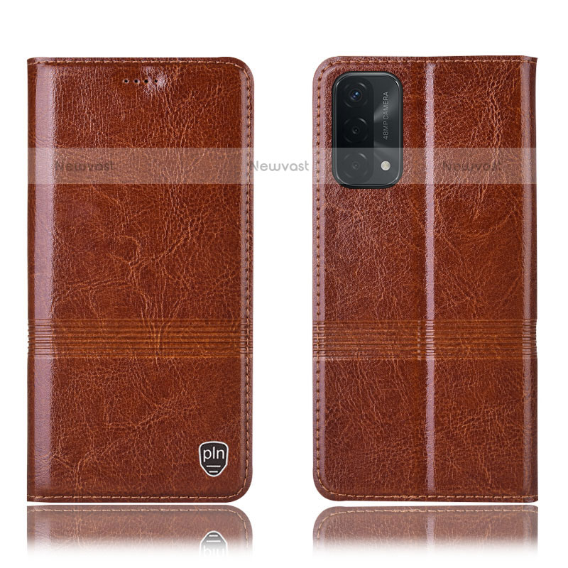 Leather Case Stands Flip Cover Holder H05P for Oppo A93 5G Light Brown