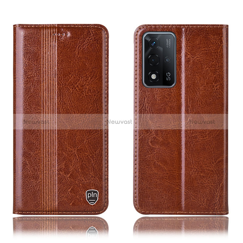 Leather Case Stands Flip Cover Holder H05P for Oppo A93s 5G Light Brown