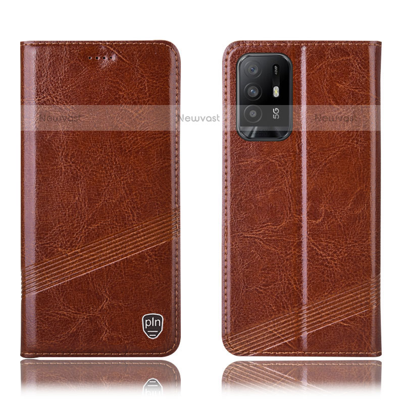 Leather Case Stands Flip Cover Holder H05P for Oppo A94 5G Light Brown