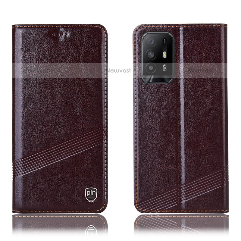 Leather Case Stands Flip Cover Holder H05P for Oppo F19 Pro+ Plus 5G Brown