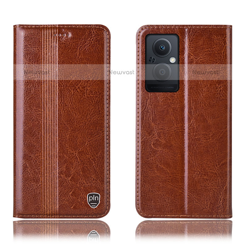 Leather Case Stands Flip Cover Holder H05P for Oppo F21 Pro 5G Light Brown