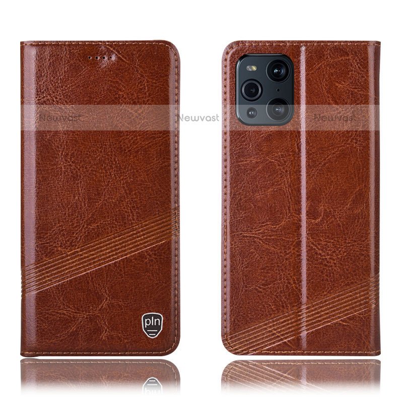 Leather Case Stands Flip Cover Holder H05P for Oppo Find X3 Pro 5G Light Brown