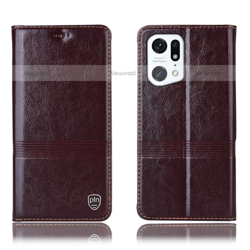 Leather Case Stands Flip Cover Holder H05P for Oppo Find X5 Pro 5G Brown